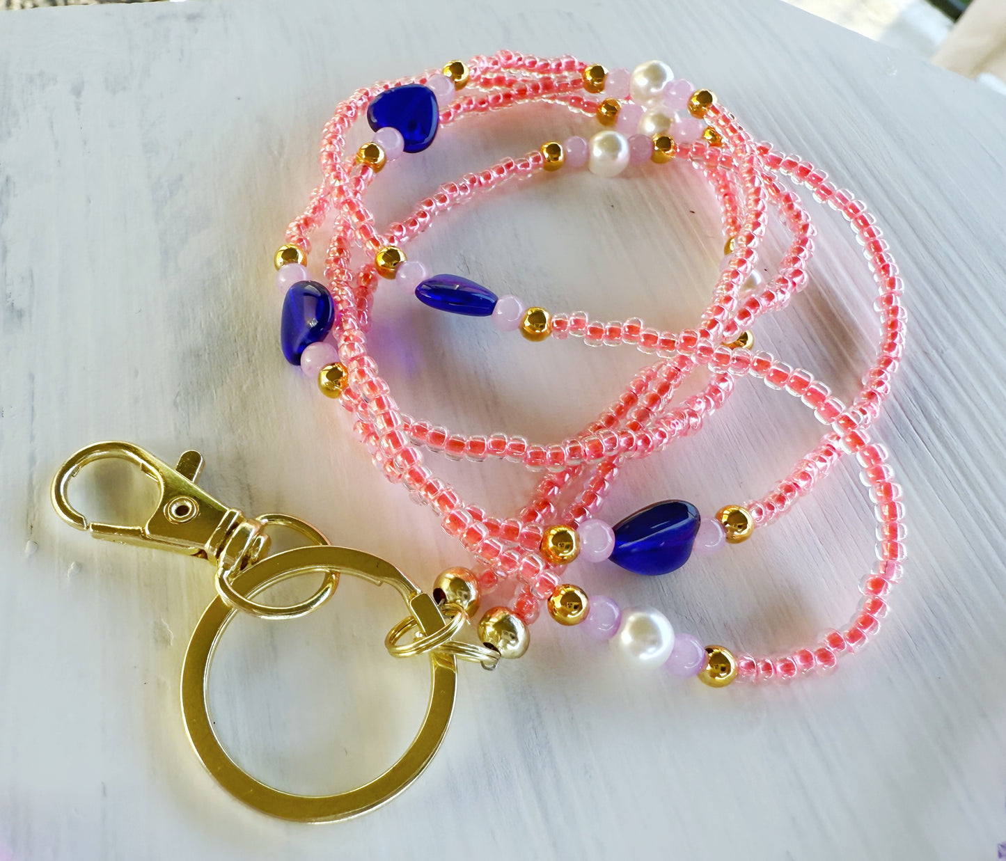 Fluorescent pink orange and cobalt blue heart lanyard
