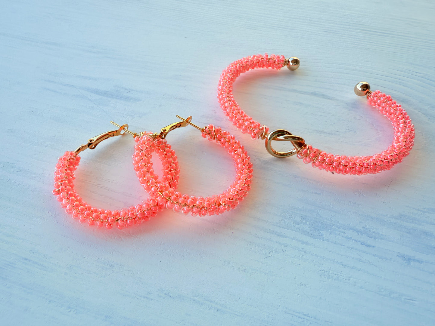 FLOURESCENT SALMON beaded hoops and matching Knot cuff