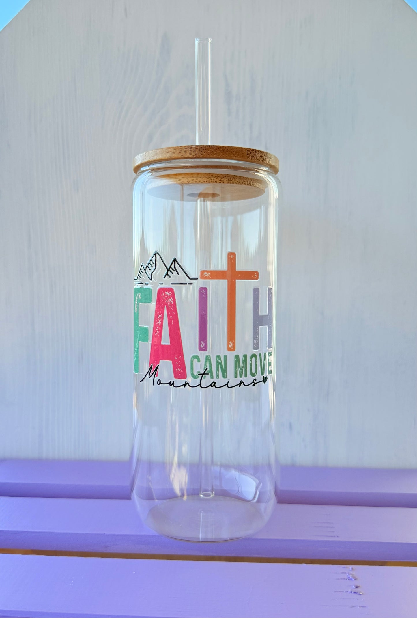 Faith Can Move Mountains 16 oz Glass Tumbler and Straw