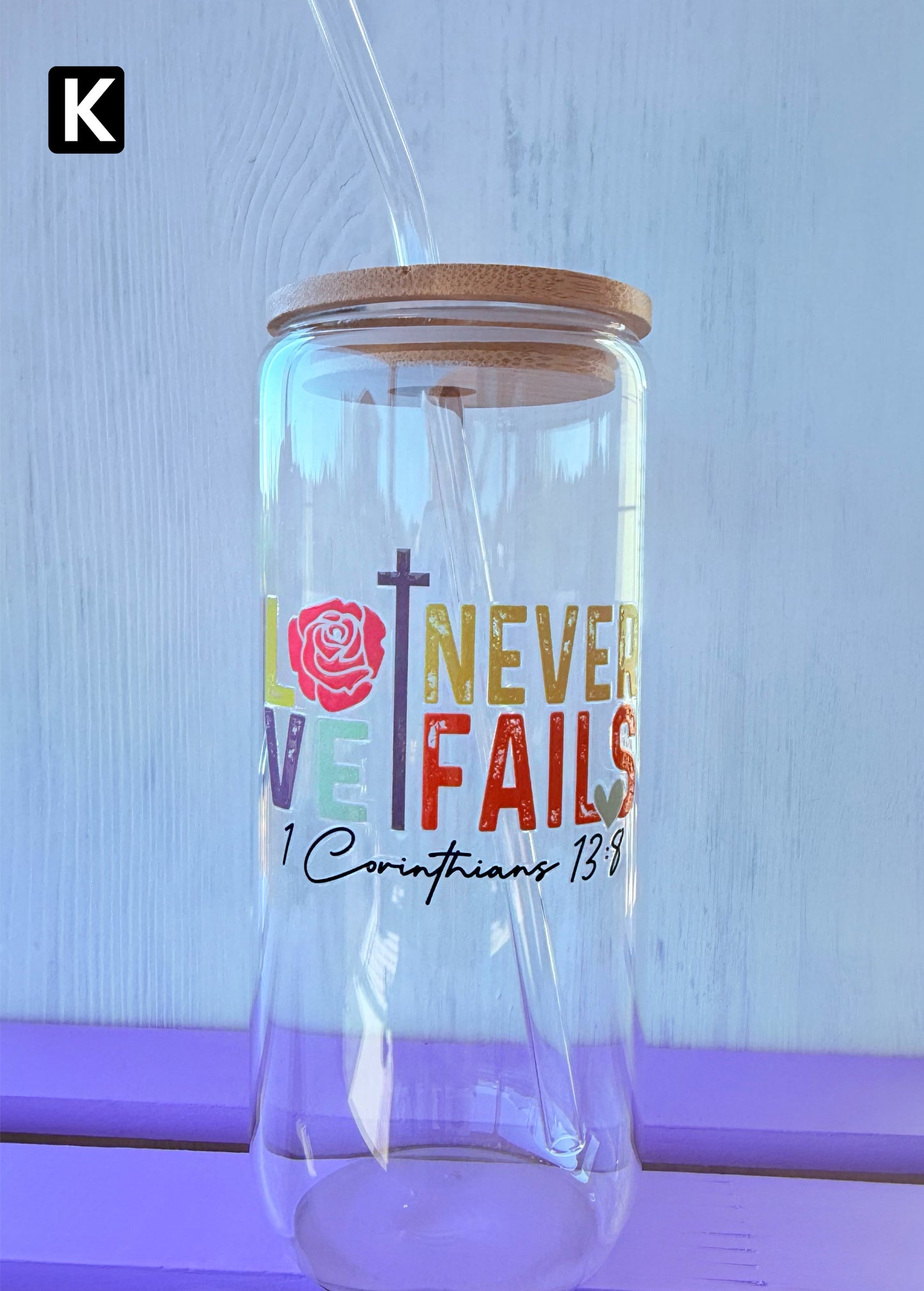 Love Never Fails 16 oz Glass Tumbler and Straw
