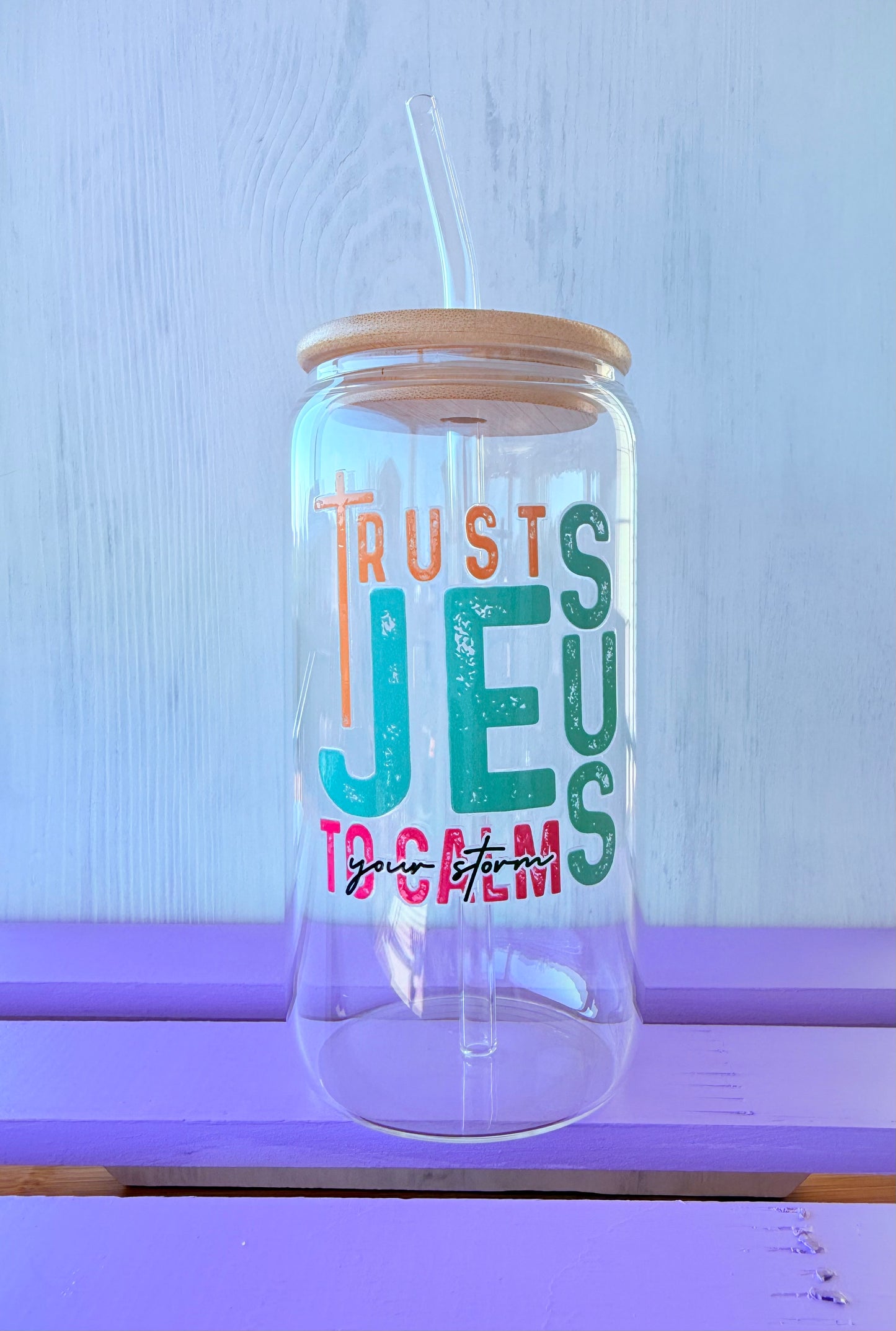 Trust Jesus to Calm Your Storm 15 oz Glass Tumbler and Straw