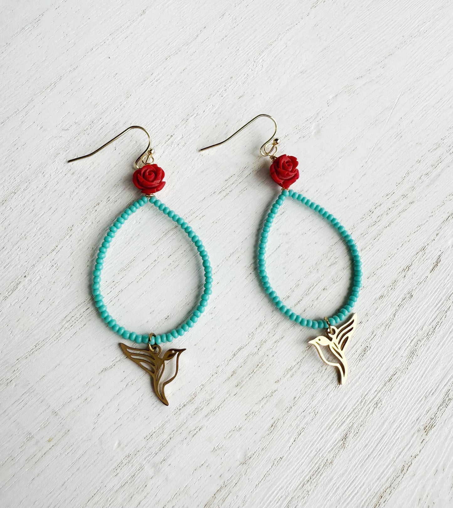 Hummingbird teardrop hoop earrings with rose