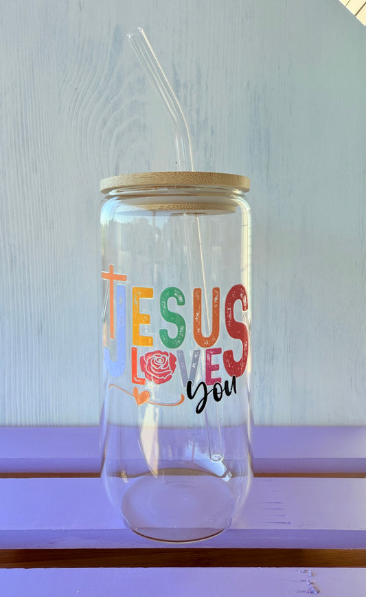 Jesus Loves You 15 oz Glass Tumbler and Straw