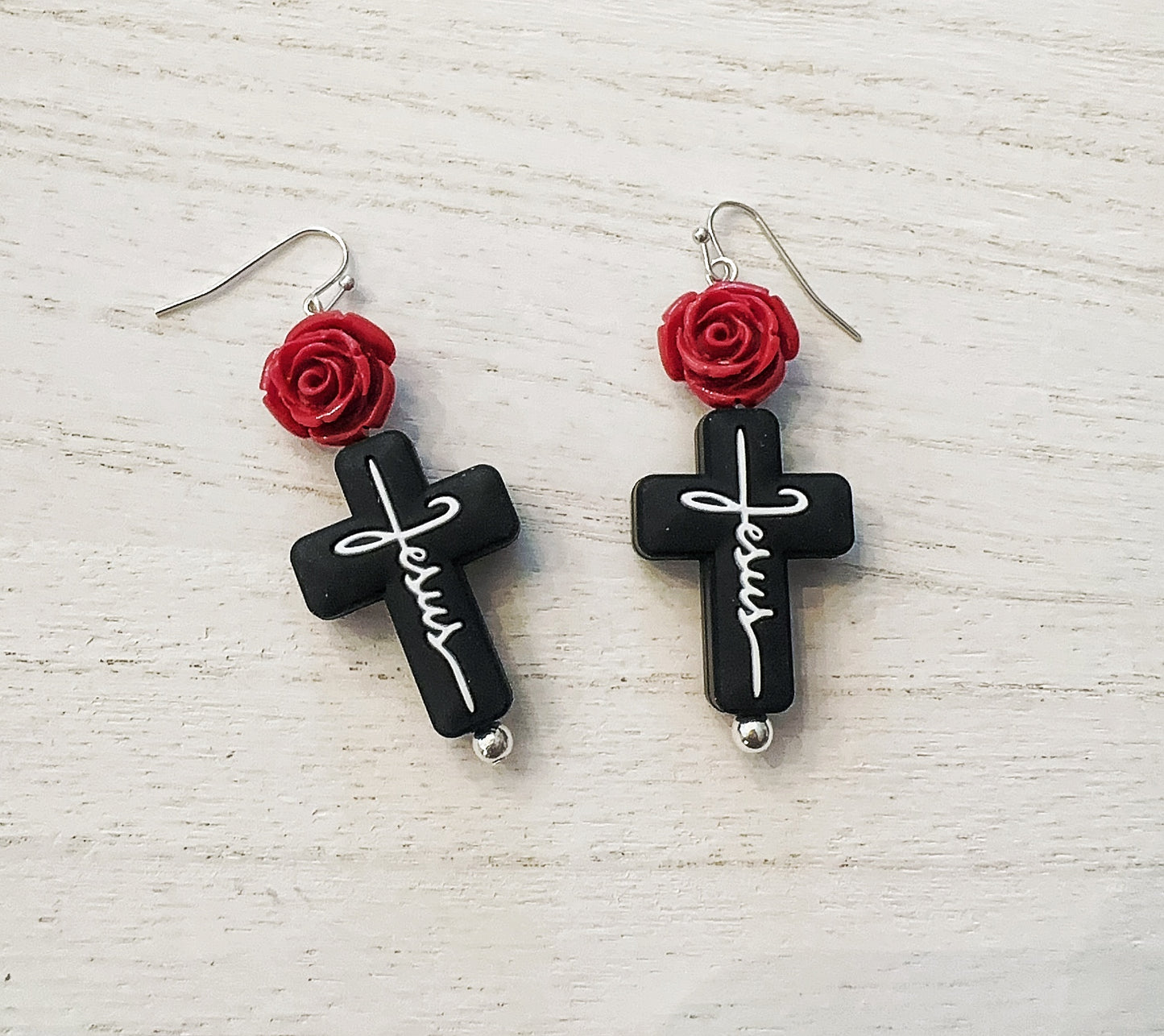 “My Jesus” rose cross earrings