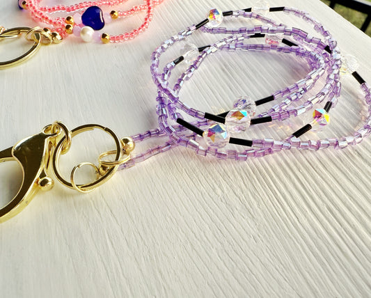 Iridescent purple and black crystal lanyard