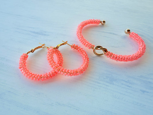 FLOURESCENT SALMON beaded hoops and matching Knot cuff