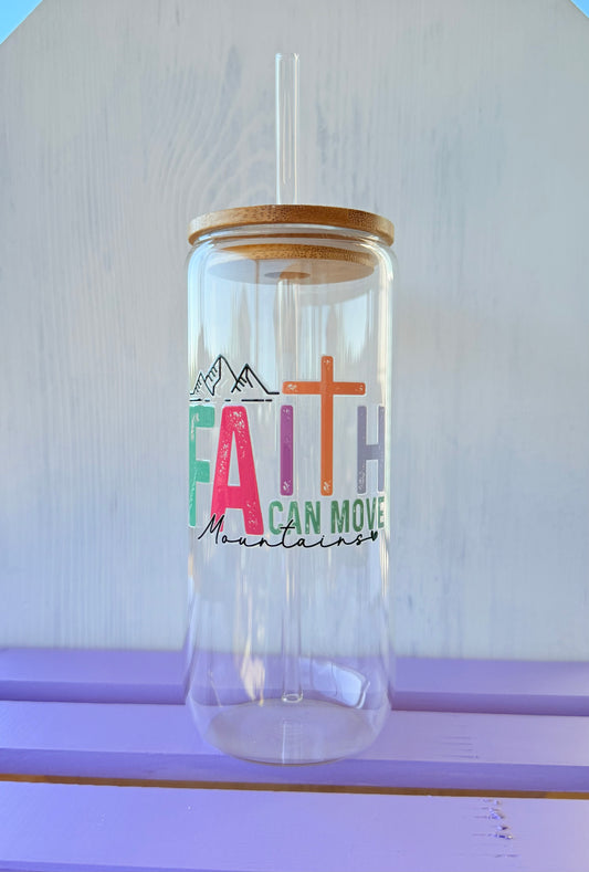 Faith Can Move Mountains 16 oz Glass Tumbler and Straw