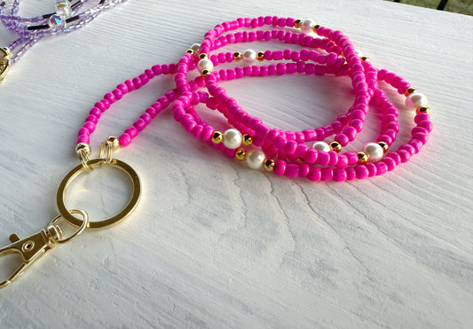 Beaded lanyard hot pink and pearl