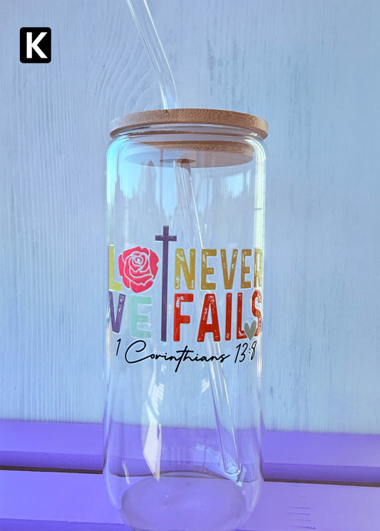 Love Never Fails 16 oz Glass Tumbler and Straw