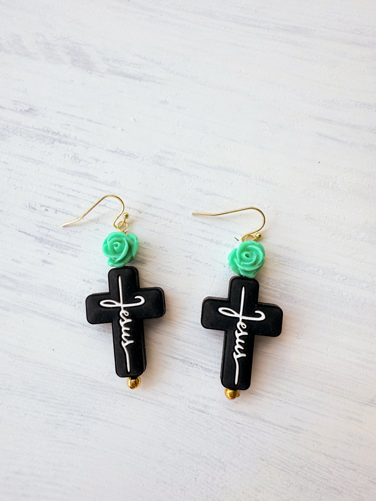 “My Jesus” rose cross earrings