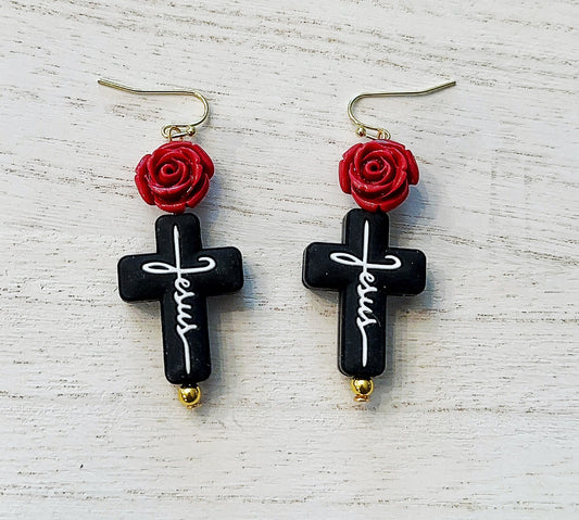 “My Jesus” rose cross earrings