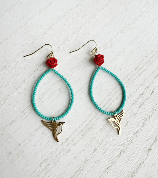 Hummingbird teardrop hoop earrings with rose